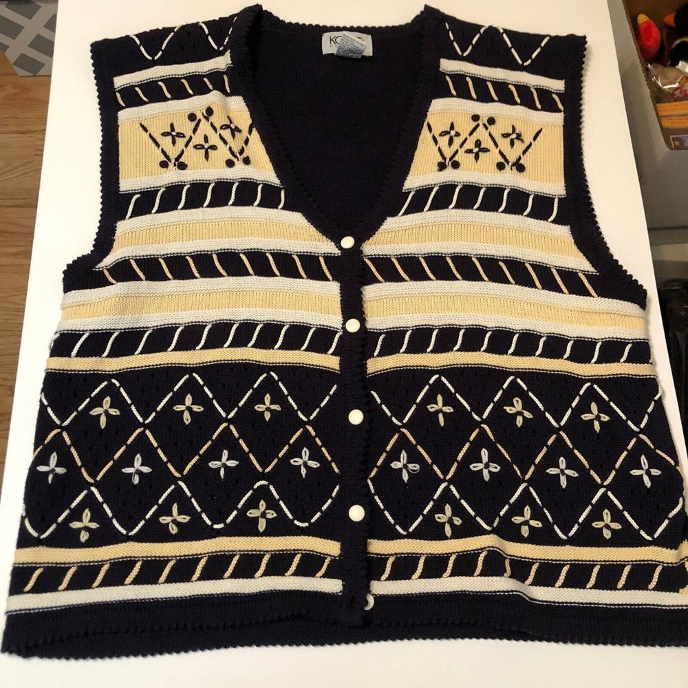 Koret Petites Blue Knit Sweater Vest button up sleeveless beaded detail size L